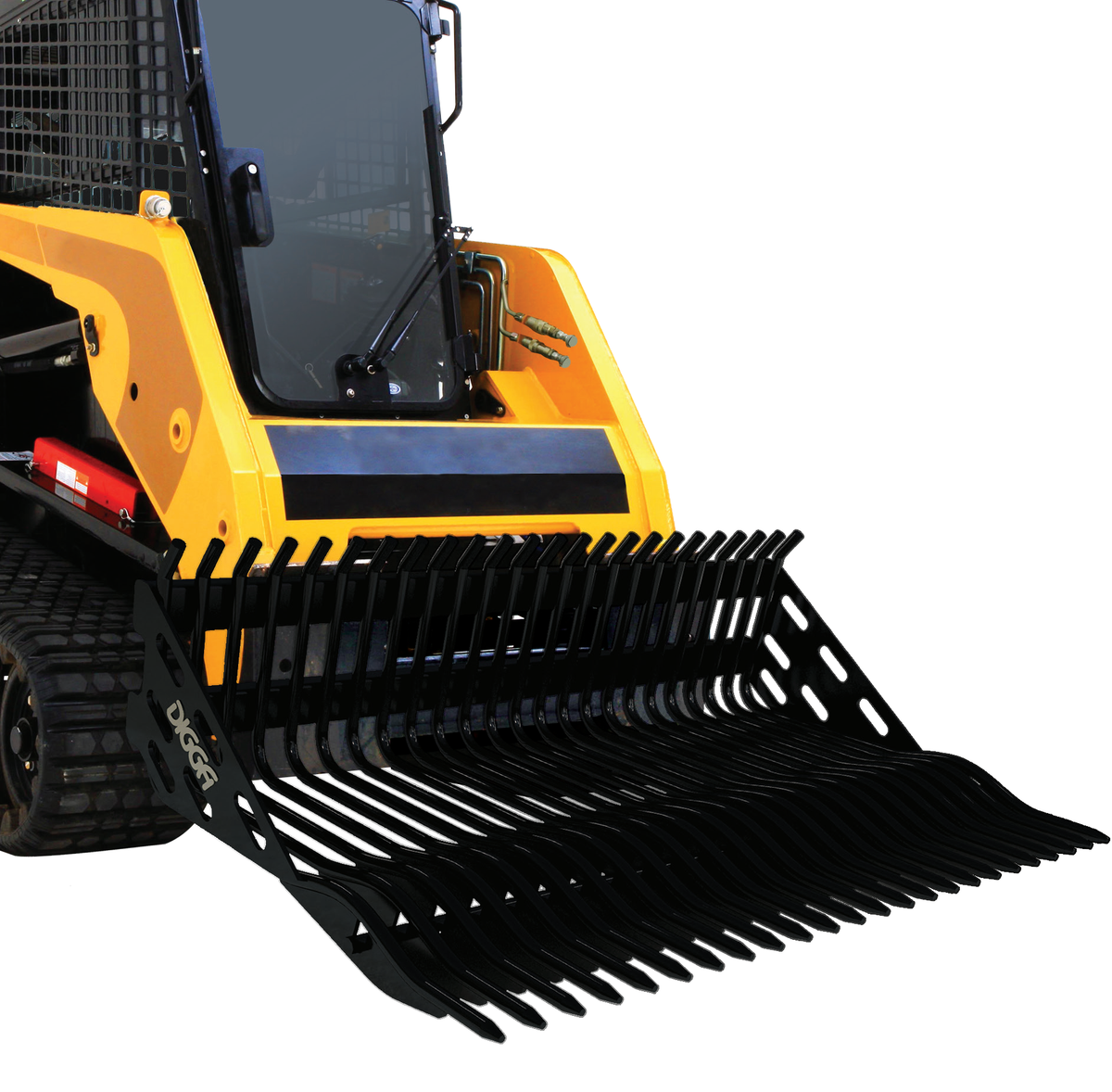 Digga Rock Bucket for Skid Steers and Tractors: rock bucket on a tracked loader, white background